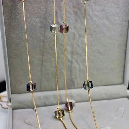 14k Gold Plated Long Sweater Necklace Made Simulated Diamond Aurora Borealis
