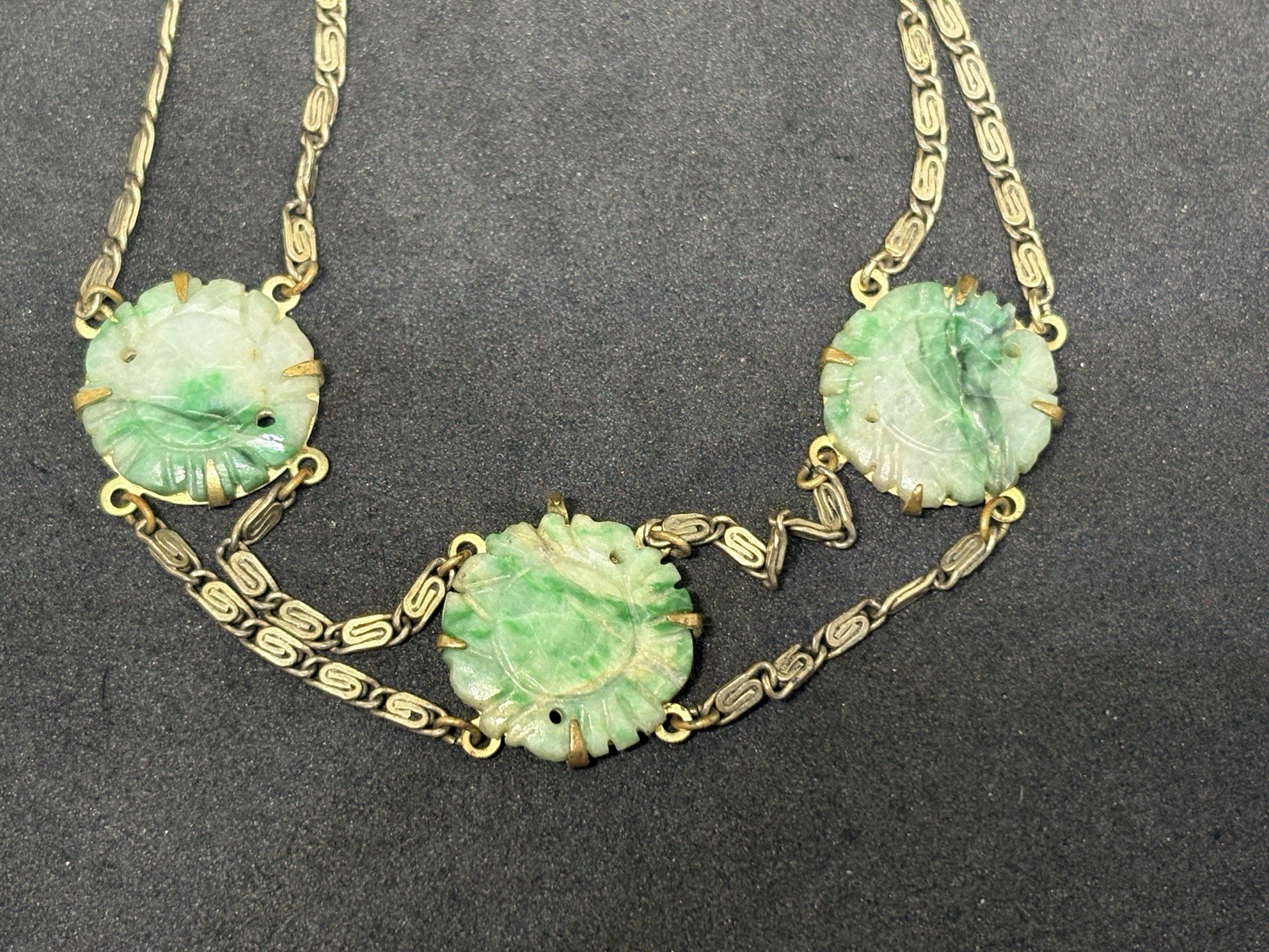 Antique Chinese Export Art Deco Brass Link Carved Jade Disc Chain Bracelet 7”