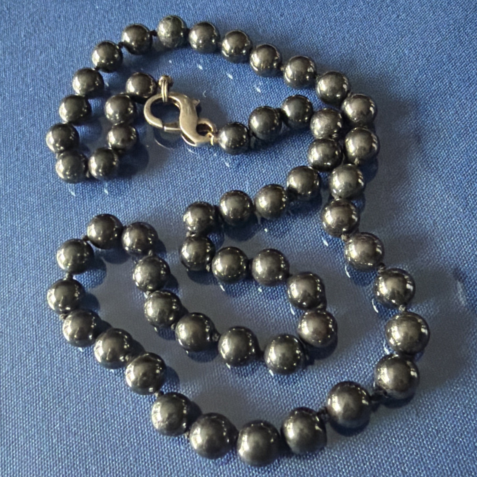 Vintage Hematite Beaded Necklace With A Large 925 Lobster Clasp Hand Knotted H12