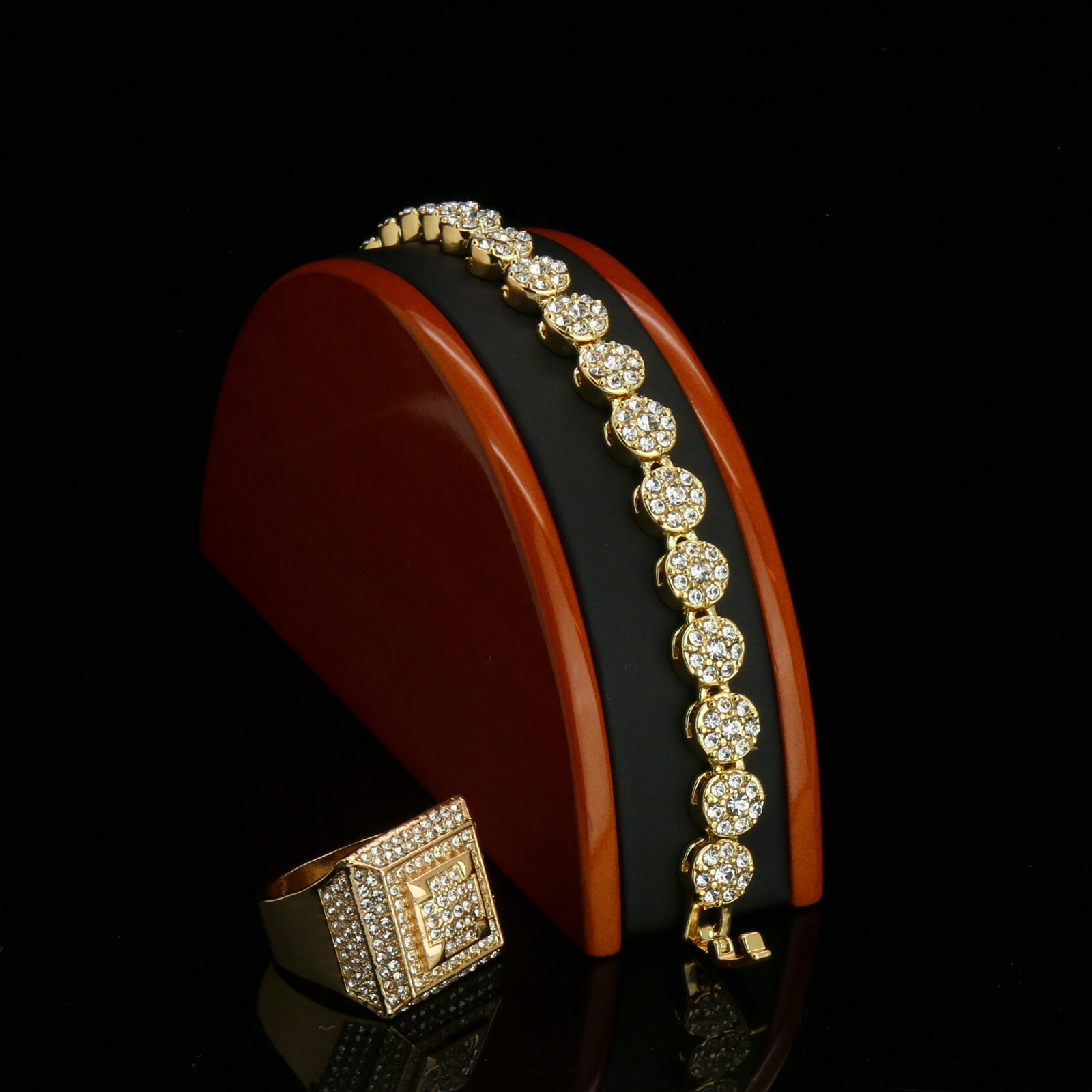 Men’s Gold Plated Iced Cubic-Zirconia Hip-Hop Round Flower Bracelet 3D Dome Ring