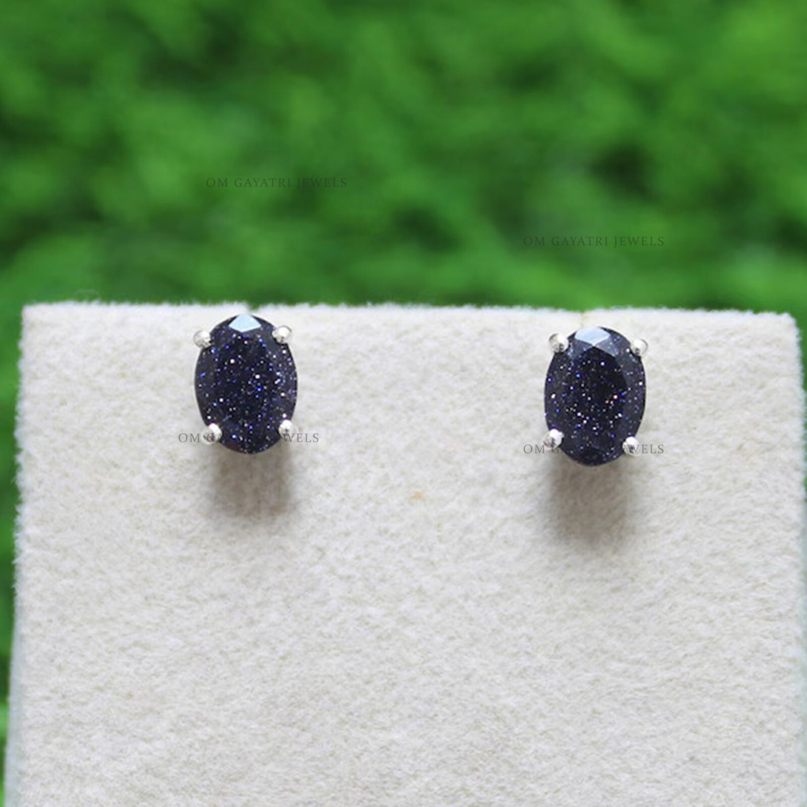 Oval Blue Sand Stud Earrings 925 Streling Silver Handmade Jewelry for Women