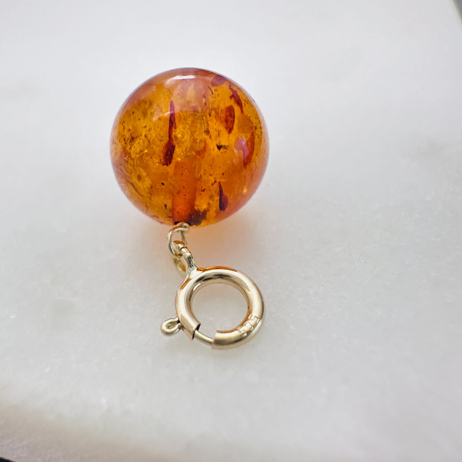 14K Solid Yellow Gold 9mm Round Cognac Baltic Amber Charm Pendant w/Spring Clasp