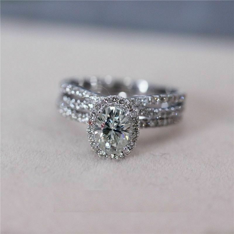 1.90CT White Oval Cut CZ Halo Wedding Ring Set In Solid 925 Sterling Silver