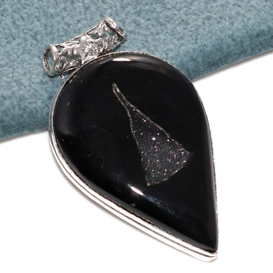 925 Silver Plated Huge Black Botswana Druzy Pendant 2.5″ Craft Jewelry Trendy MJ
