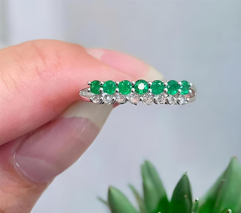 2.50Ct Round Cut Natural Emerald &Diamond 14K White Gold Half Eternity Band Ring