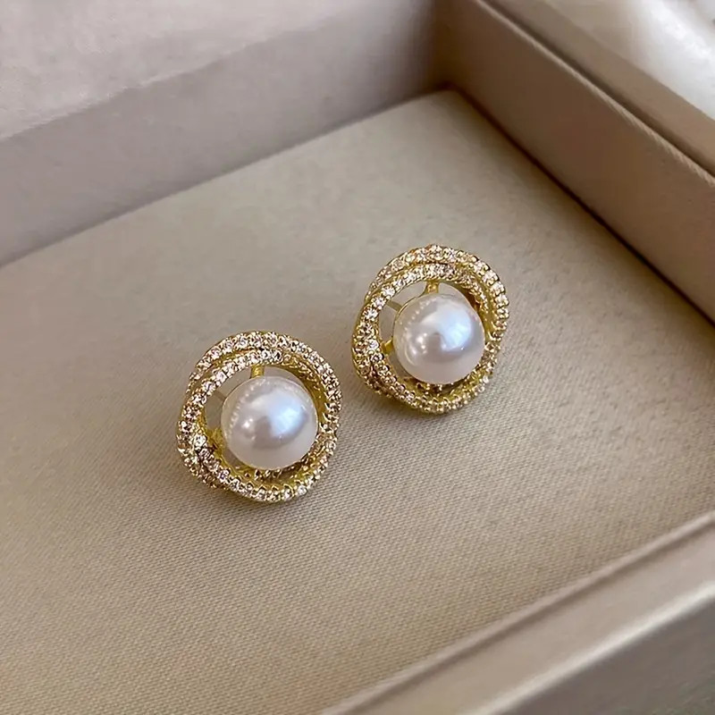 Gold Round Diamante & Pearl Studs Earrings (Free Gift Box Included)