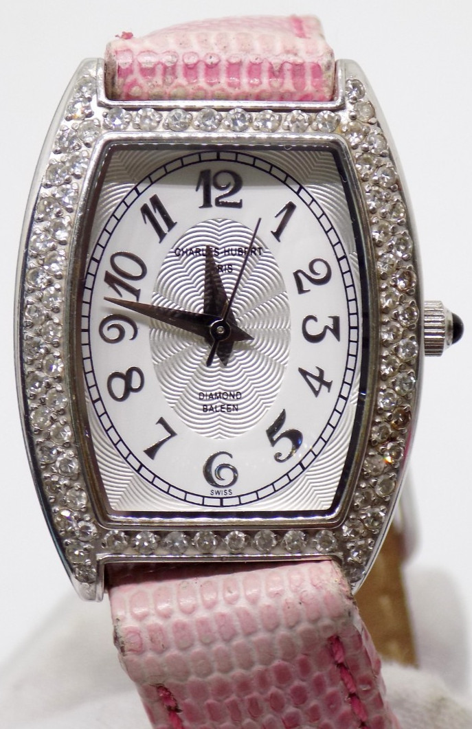 Charles Hubert Paris 1ct Diamond Pink Leather Watch – Band TLC Needs Battery