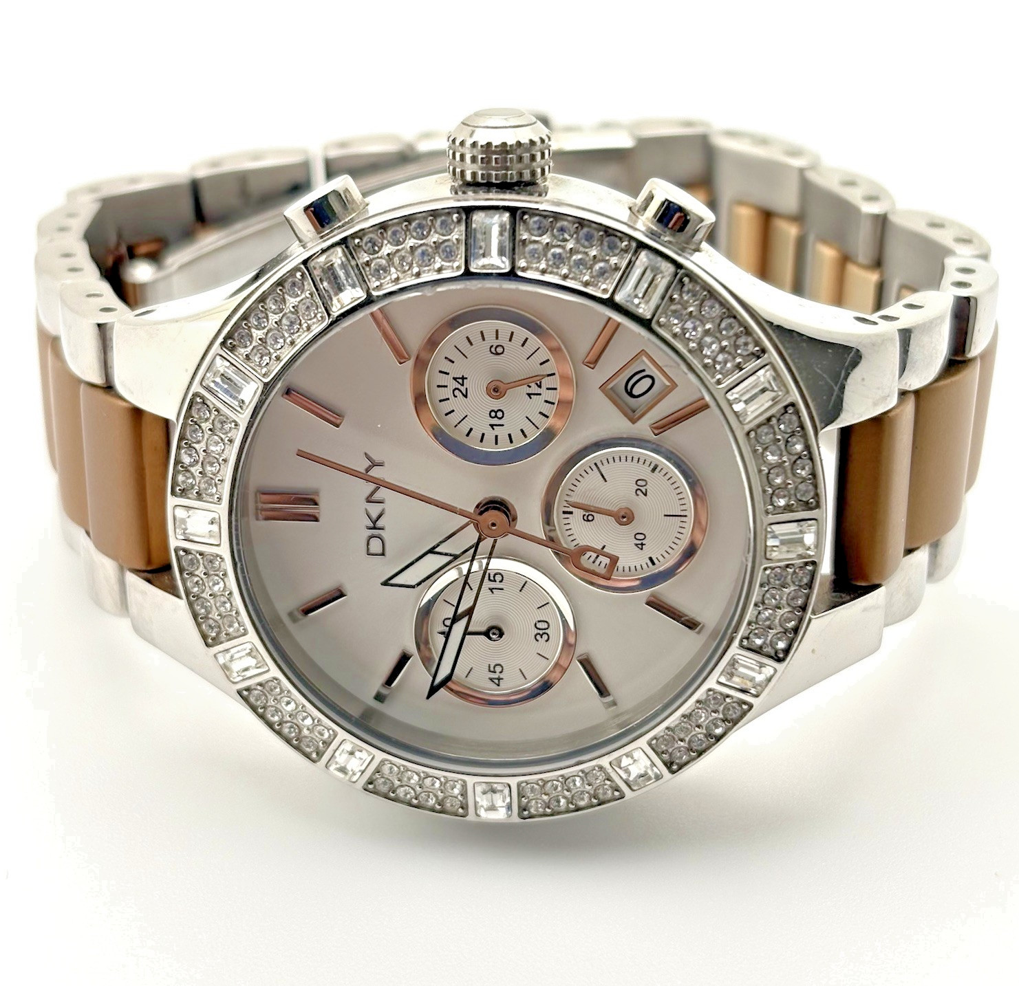 DKNY Chronograph Women Watch Stainless Steel Two-Tone Bracelet Pre-owned NY8512
