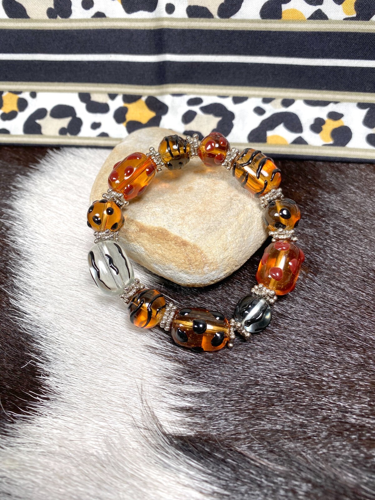 Animal Print Bracelet Leopard Brown Black Beaded Stretch Bracelet for Women