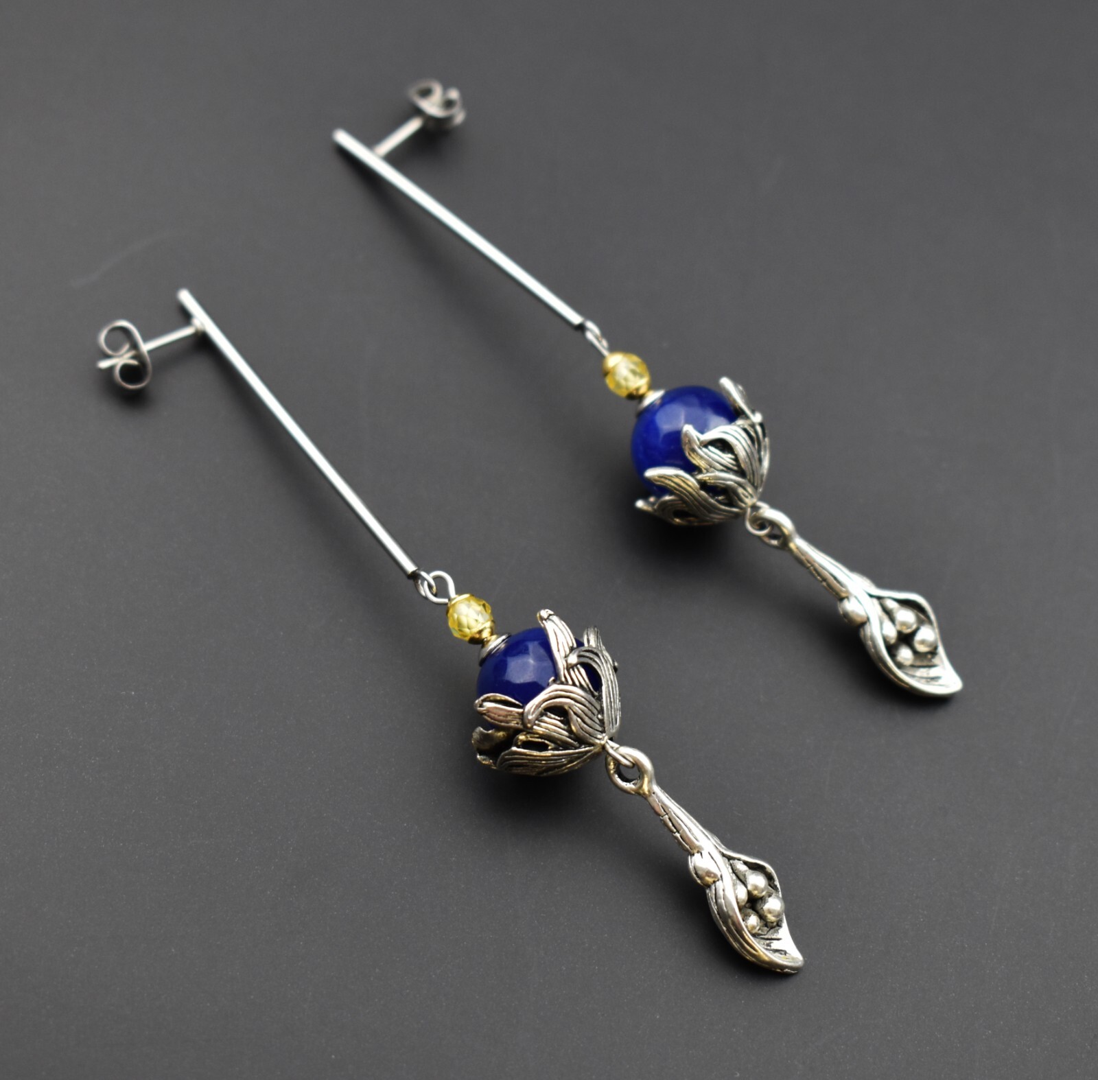 Long massive earrings silver tone, unusual floral dangles