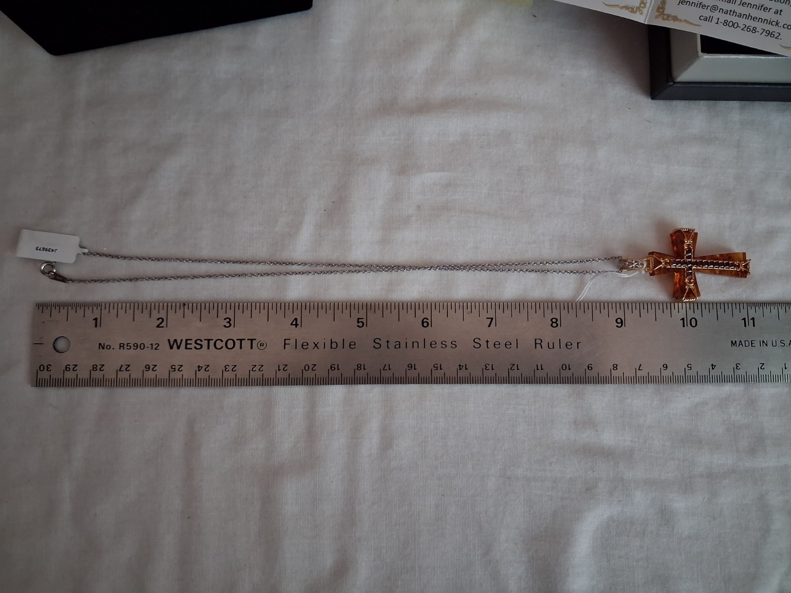 Gems en Vogue Baltic Amber Almondine Garnet Cross 925 Sterling NIB on 18″ Chain