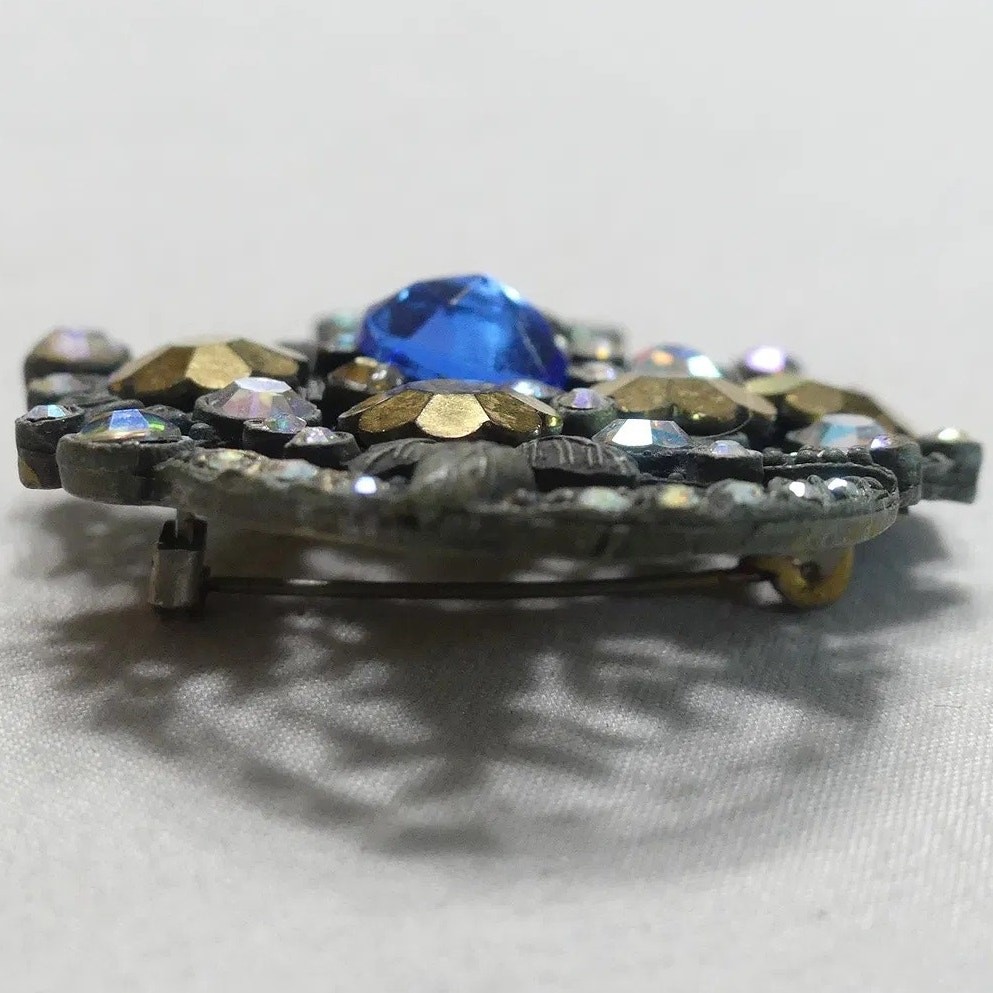 Vintage Mid Century Flower Basket Brooch with Cobalt, Aurora Borealis Rhinestone