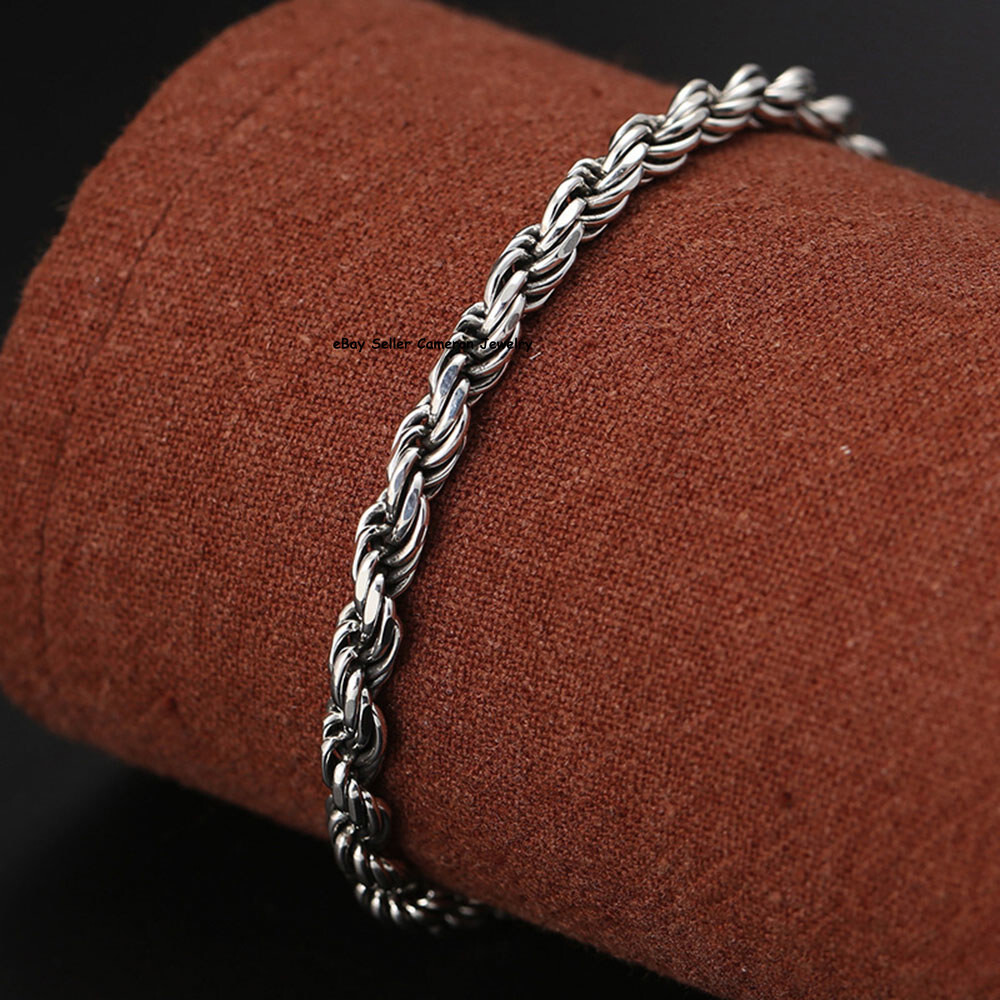 Pure S925 Sterling Silver Chain 4mm Lucky Twist Rope Link Bracelet 6.7-8.3inch