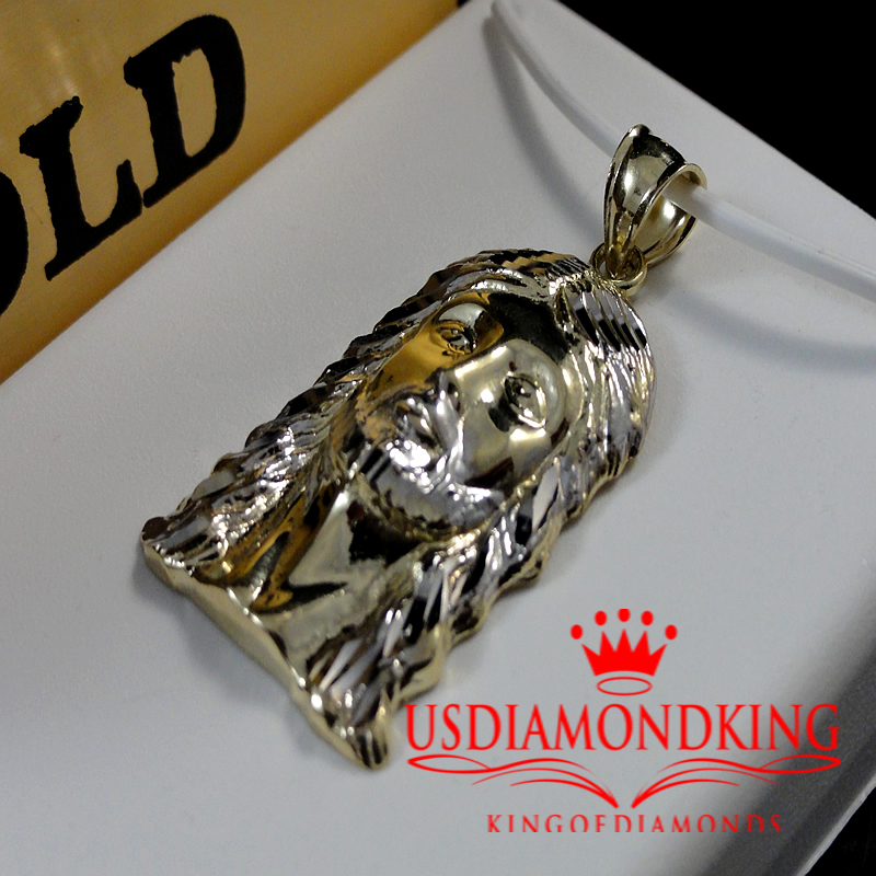 1OK TWO TONE GOLD DIAMOND CUT HOLY JESUS FACE CHARM PENDANT 1.5 INCH 3.7 GRAMS
