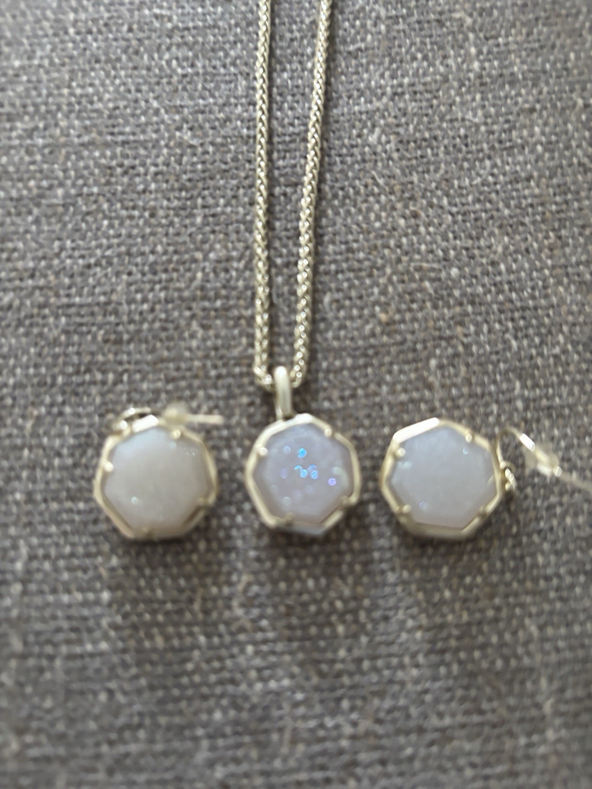 Kendra Scott Gold Tone Necklace & Earrings Set White Sparkly Octagon Stones