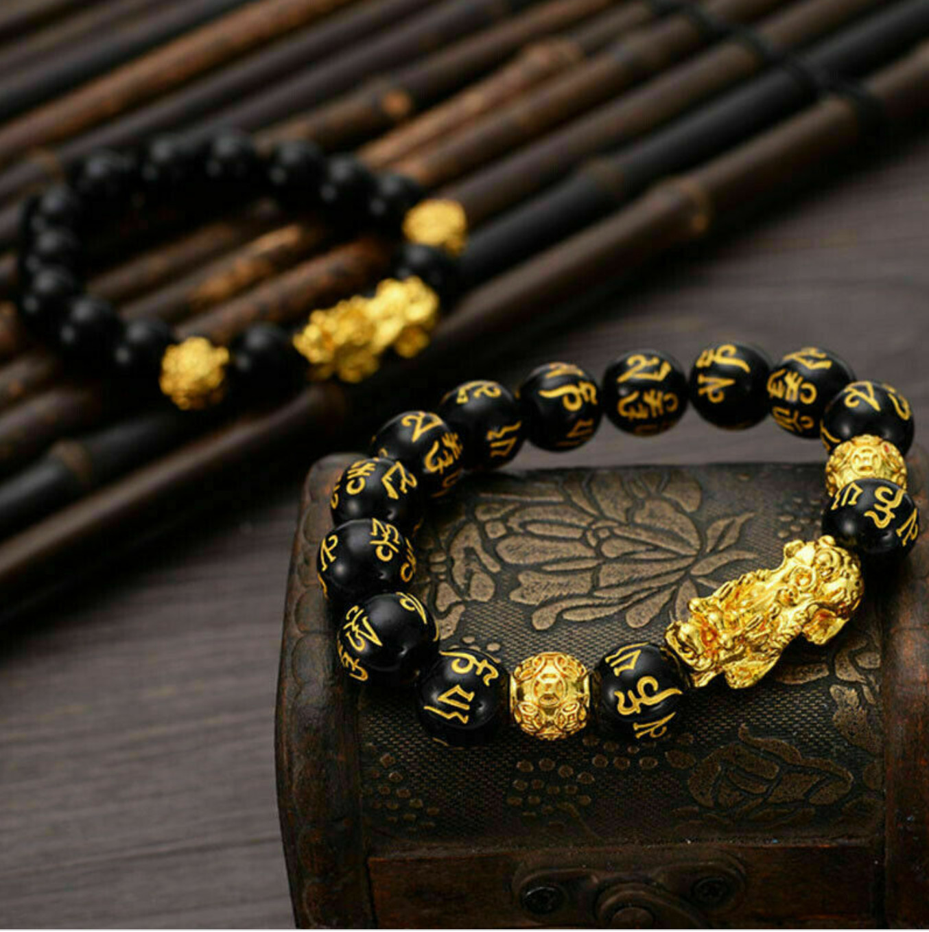 Feng Shui Black Obsidian Beads Bracelet Attract Wealth & Good Luck Bangle pixiu