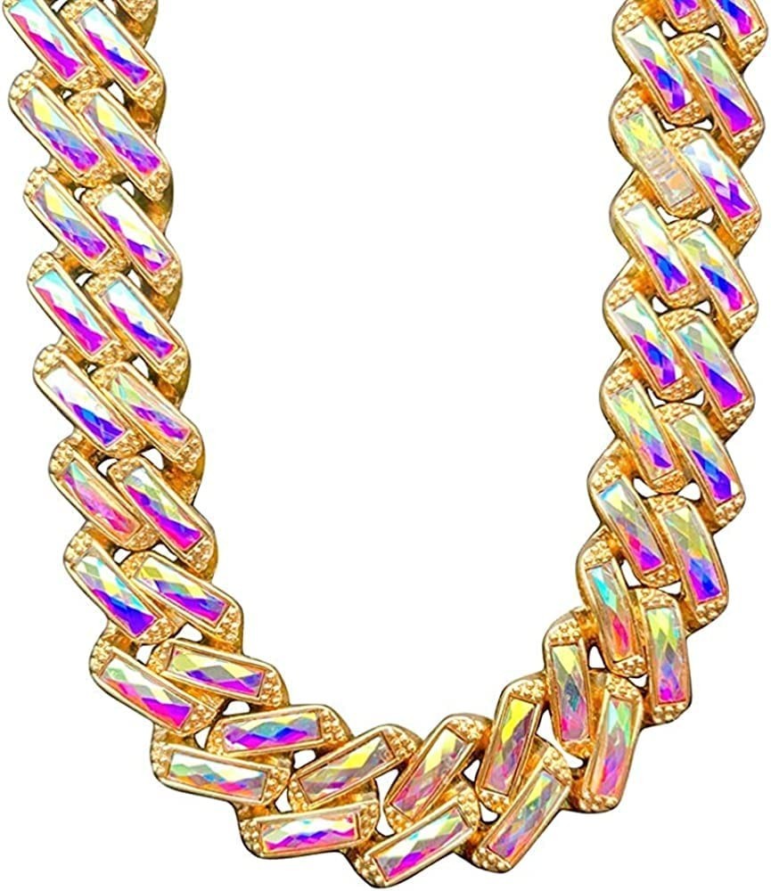 15mm Colorful Iced Out Gold Plated Hip Hop Cuban Link Chain Bracelet & Necklace
