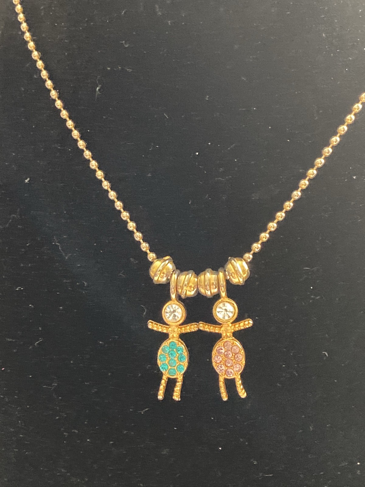 Little People Charm Necklace 32”Chain 16.04g GoldTone Birthstone Pink Green 25mm