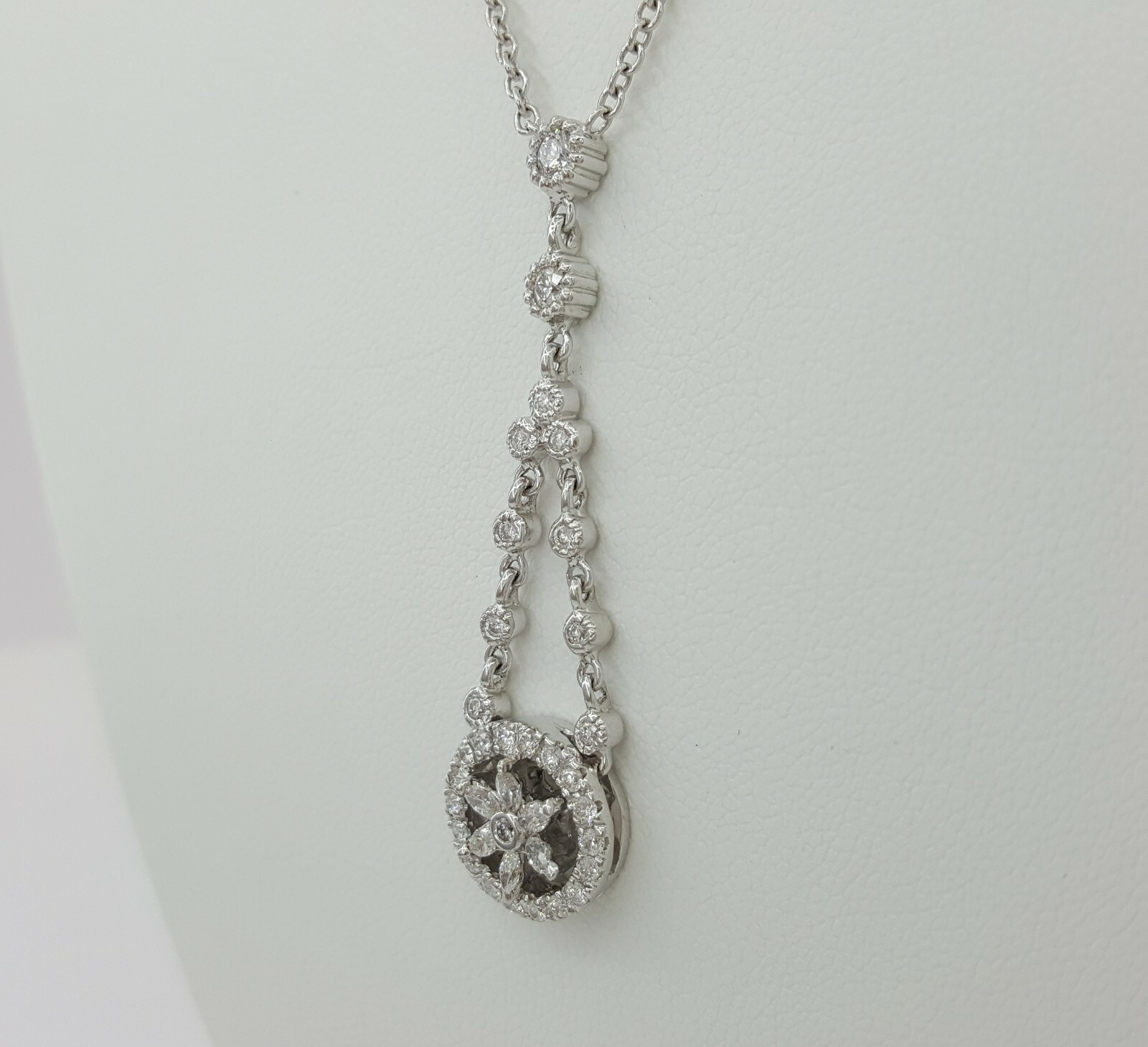 Round & Marquise Cut Diamond Drop Necklace 8.8 Grams 17″ 1.2 ct 14K White Gold
