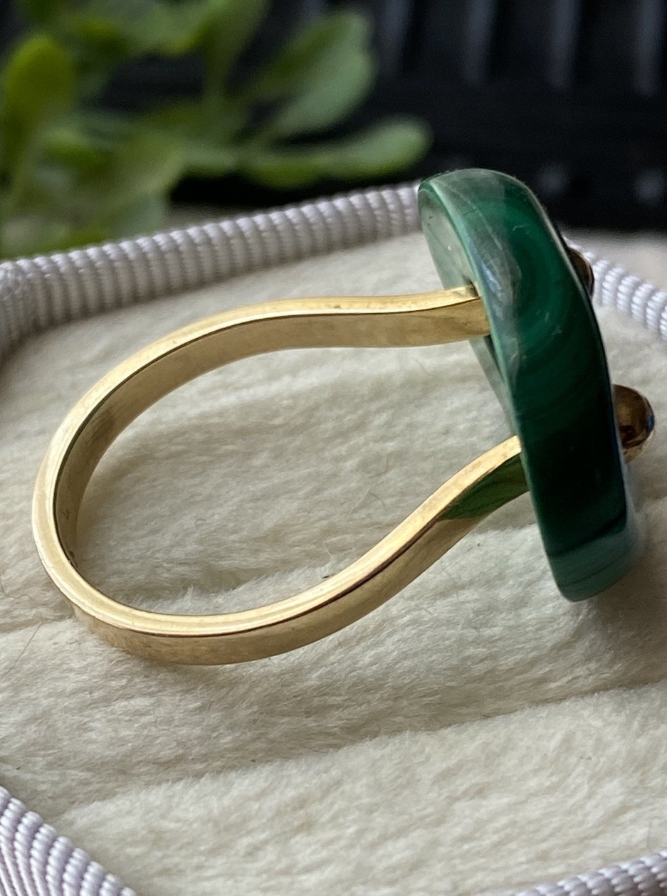 Vintage Custom Modern Space Age 14k Yellow Gold Malachite Statement Ring 7