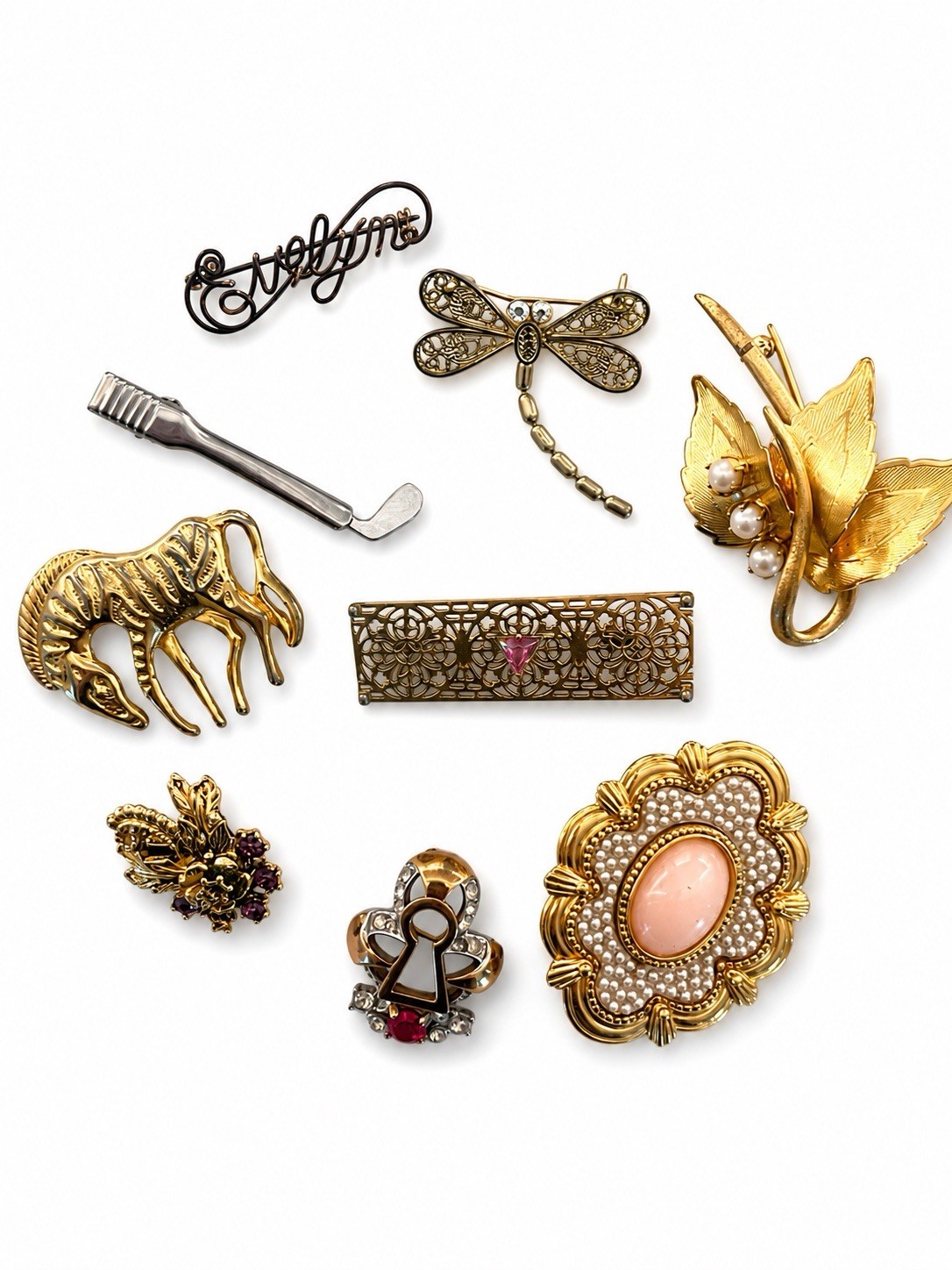 Vintage Brooch Pin Lot Zebra Dragonfly Floral Faux Pearl Gold Tone Mixed Jewelry