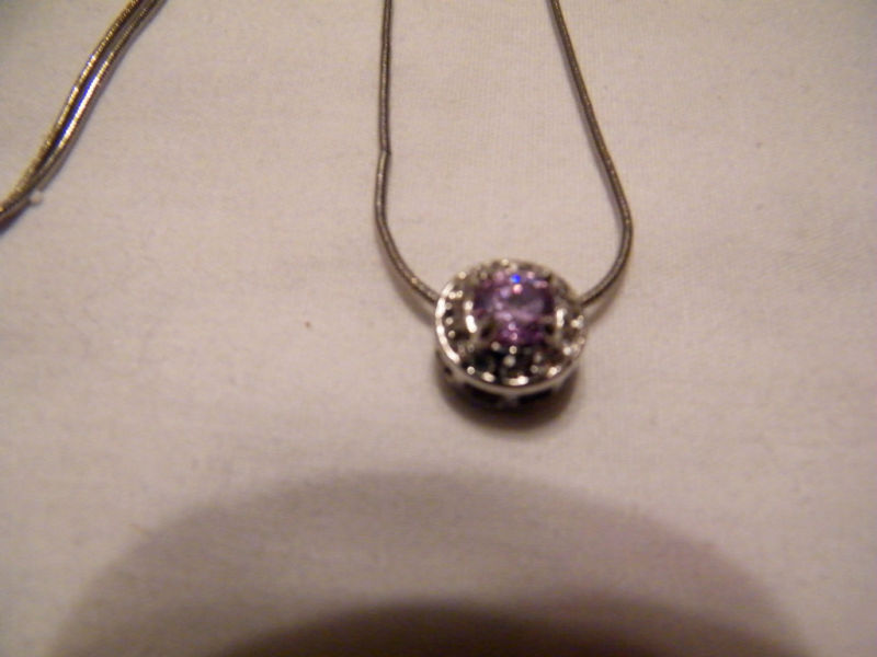 Silver Necklace Clear Lavander Rhinestone Pendant NICE