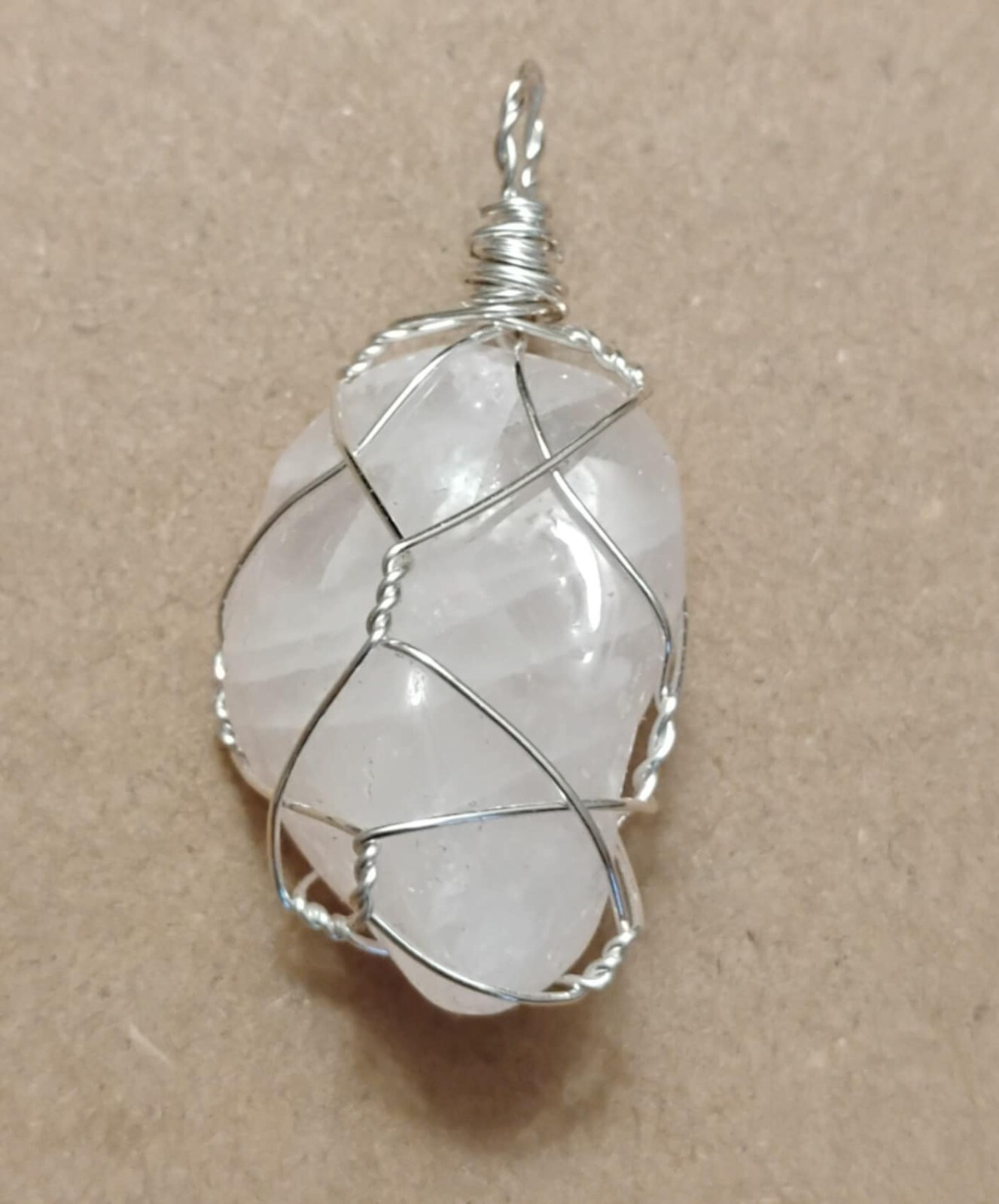 Natural Rose Quartz Crystal Pendant Hand-wrapped in Silver-coated Wire