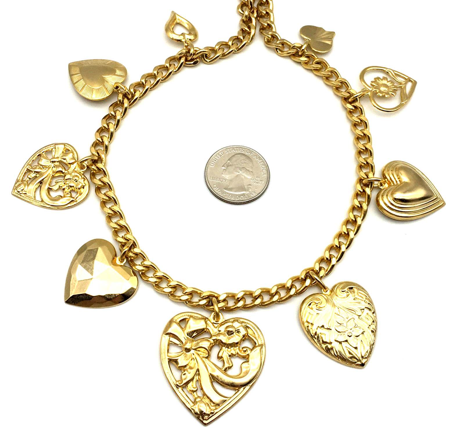 Vintage GoldTone Various Size Heart Charms 16″ Chain Necklace Push Lock Clasp