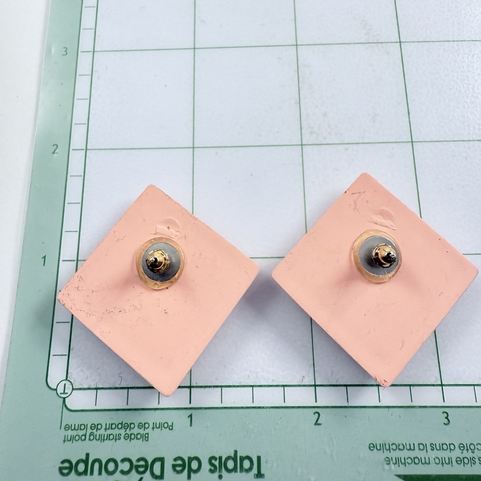 Vintage Pink & White Square Plastic Resin Pierced Earrings