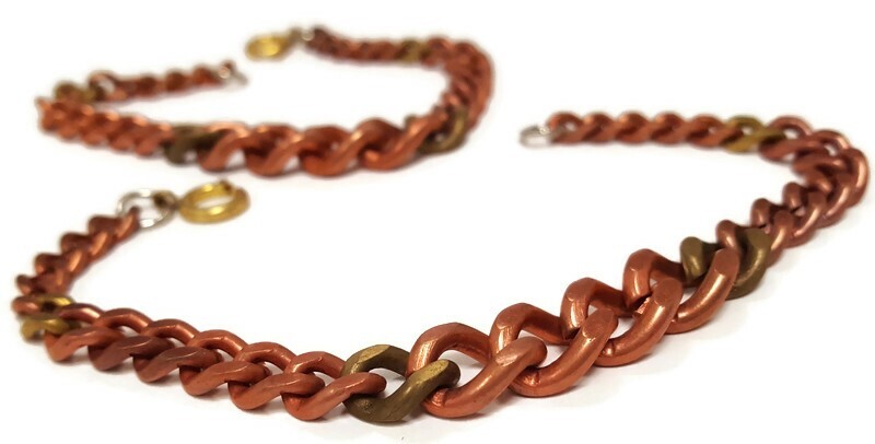 Vintage Copper Coated Steel & Brass Graduated Filed Curb Chain 8″ Bracelet M118