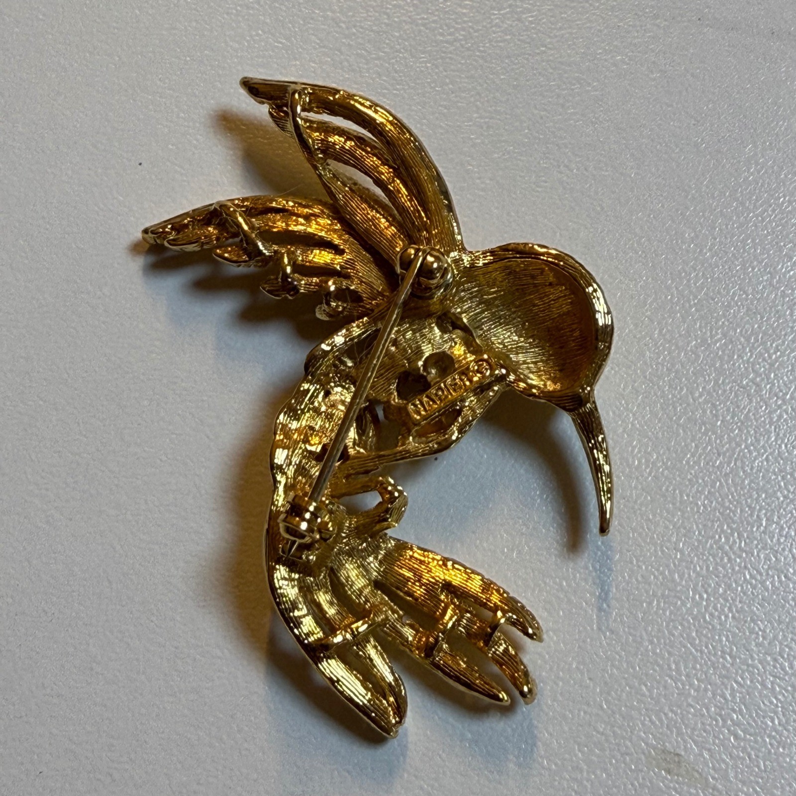 Napier Vintage Gold Tone Hummingbird Brooch Rhinestone Accent Bird Hallmarked