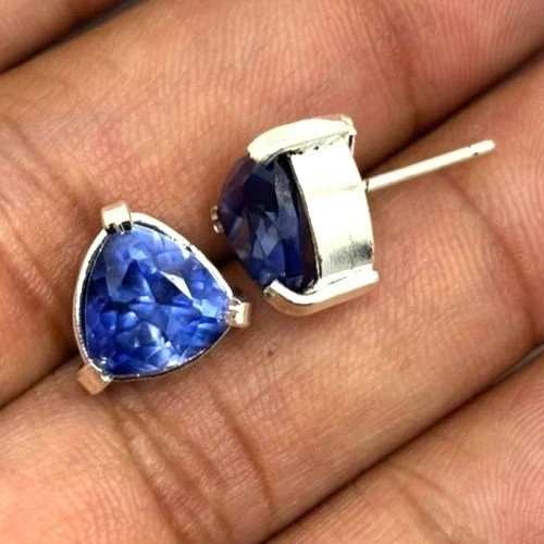 10 Ct Natural Blue Sapphire Stud Earrings Trillion Cut loose Gemstone 925 Silver
