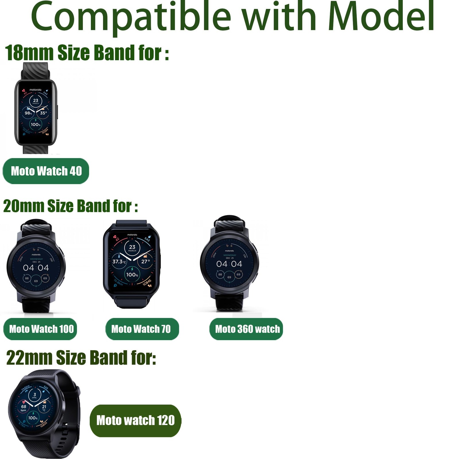 Compatible with Moto Watch 120 Bands, 18mm, 20mm, 22mm 18mm size band, Silver