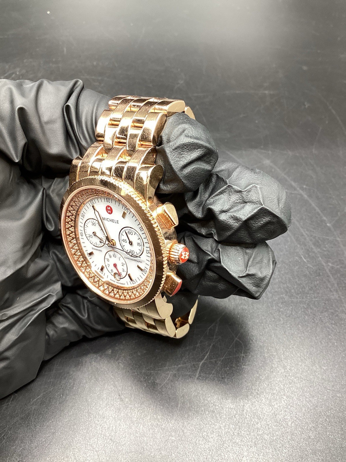 MICHELE (MW01C01G1001) Diamond Rose Gold White Dial Chrono Watch-Free Shipping