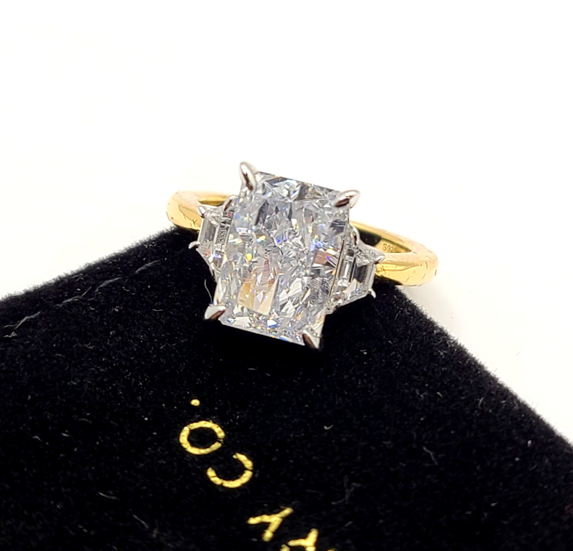 C&C LUXURY CO. THREE STONE RADIANT RING 18K GOLD OVER 925 SZ 4