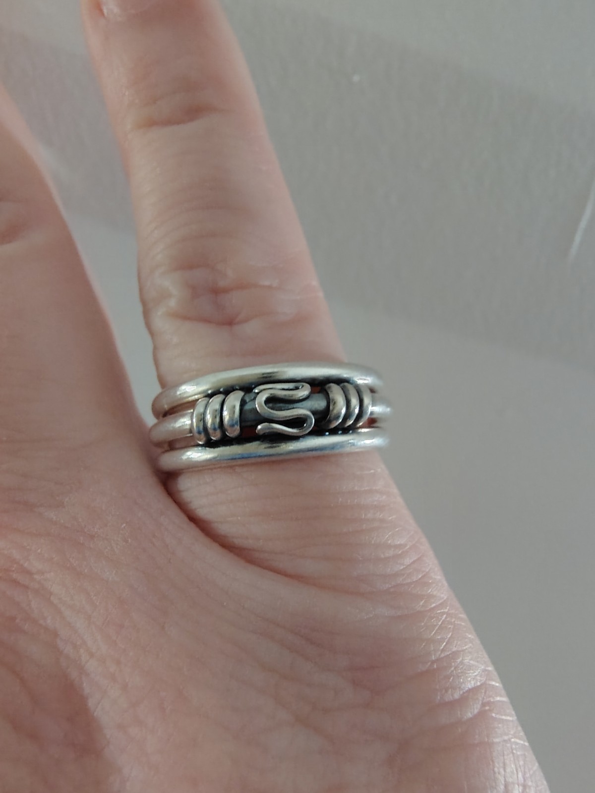 ​VTG Sterling Silver 925 Triple Band Ring Connected Stacker S Hook Motif Size 7