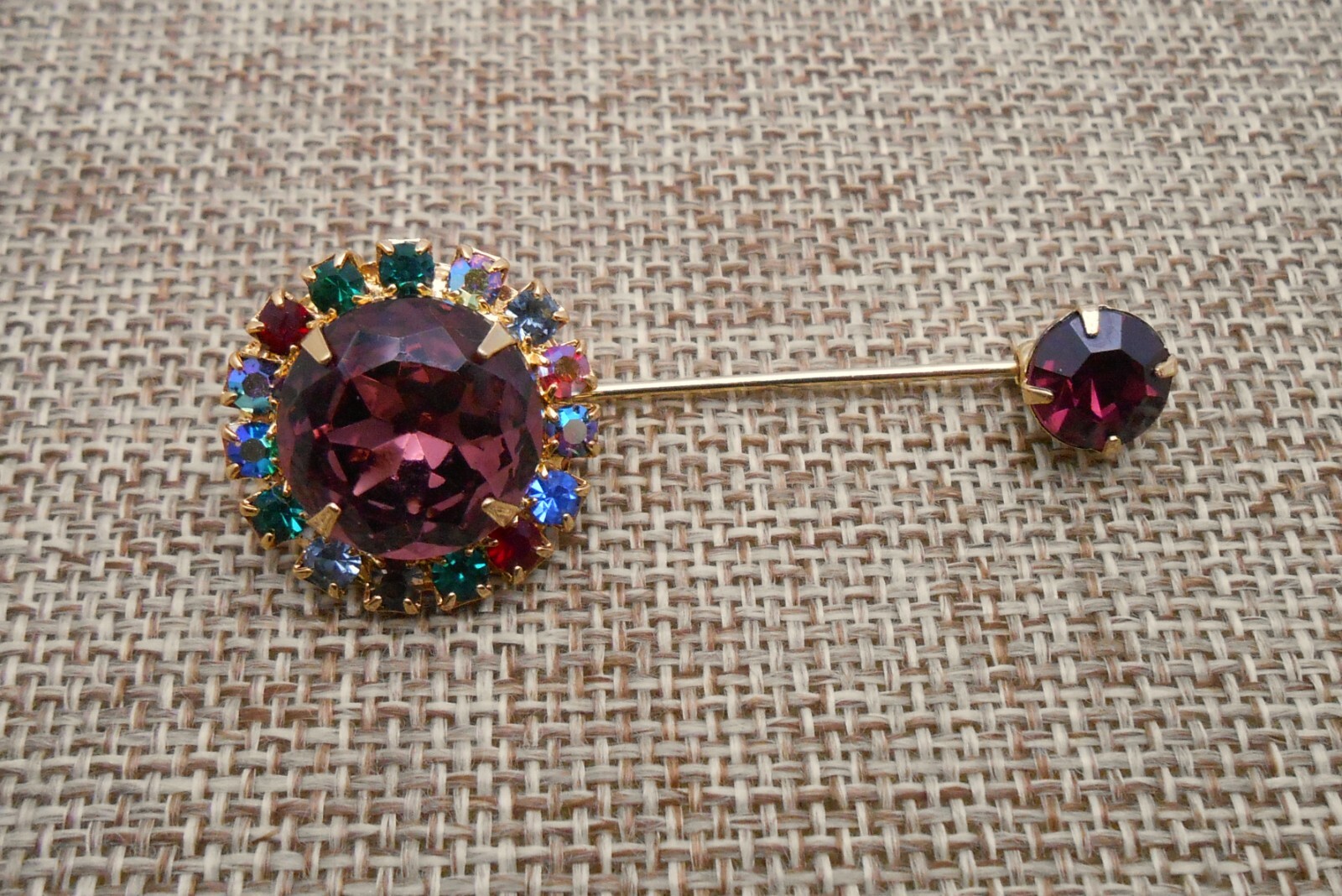 Vintage Amethyst Purple Glass & Multicolor Rhinestone Stickpin Gold-tone A705