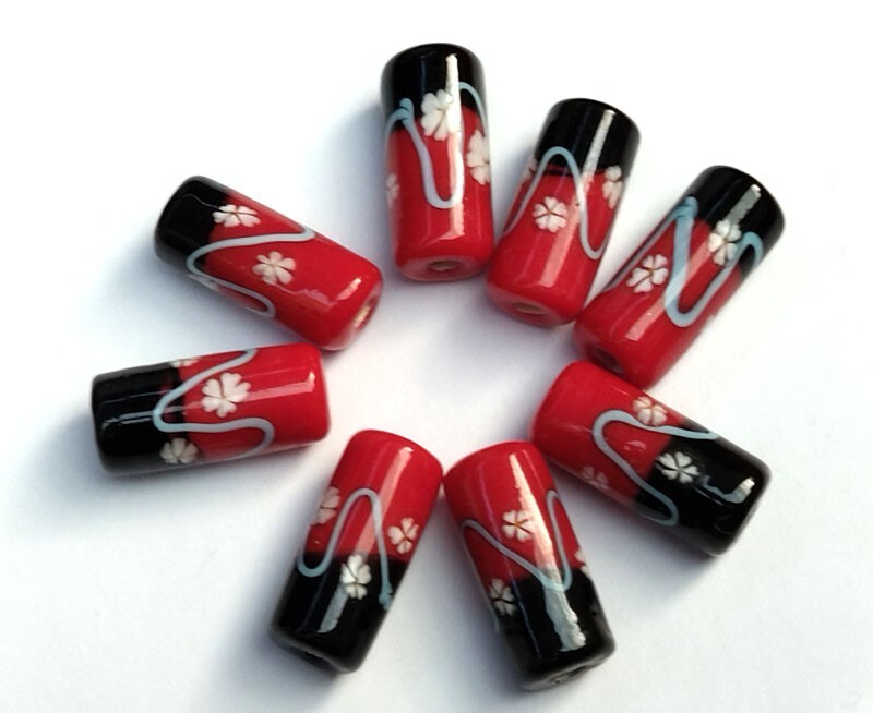 10pcs handmade Lampwork glass red black flower cylinder beads 10*20mm
