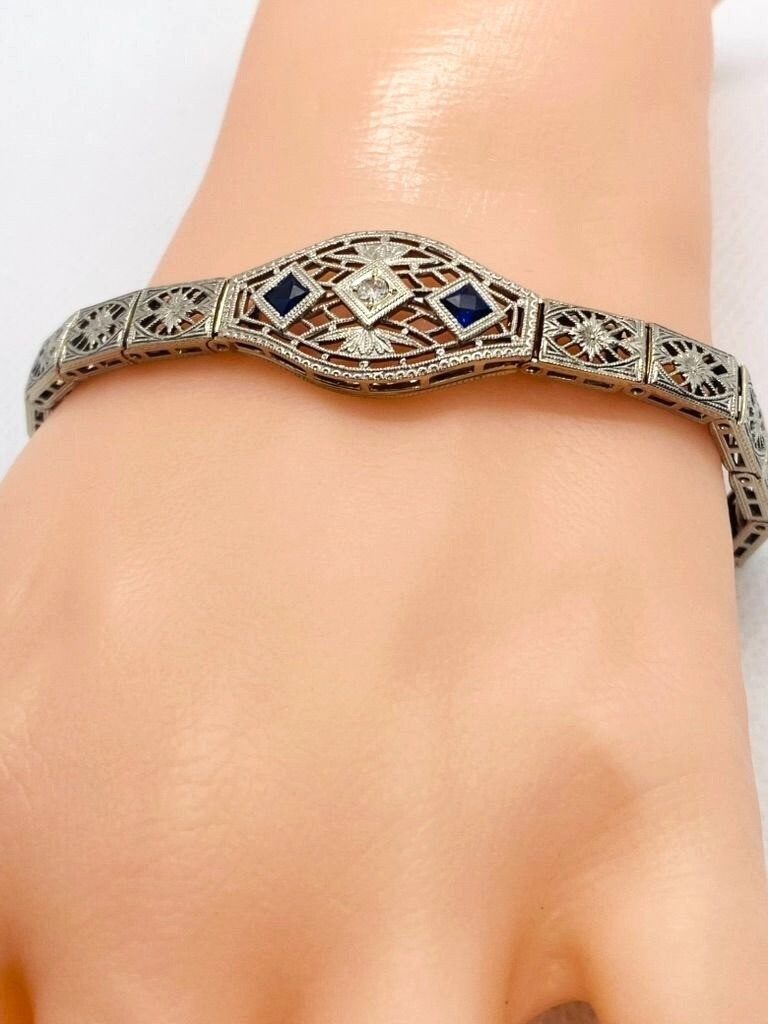 14K White Gold Die Struck Art Deco Diamond and Lab Created Sapphire Bracelet 6.5