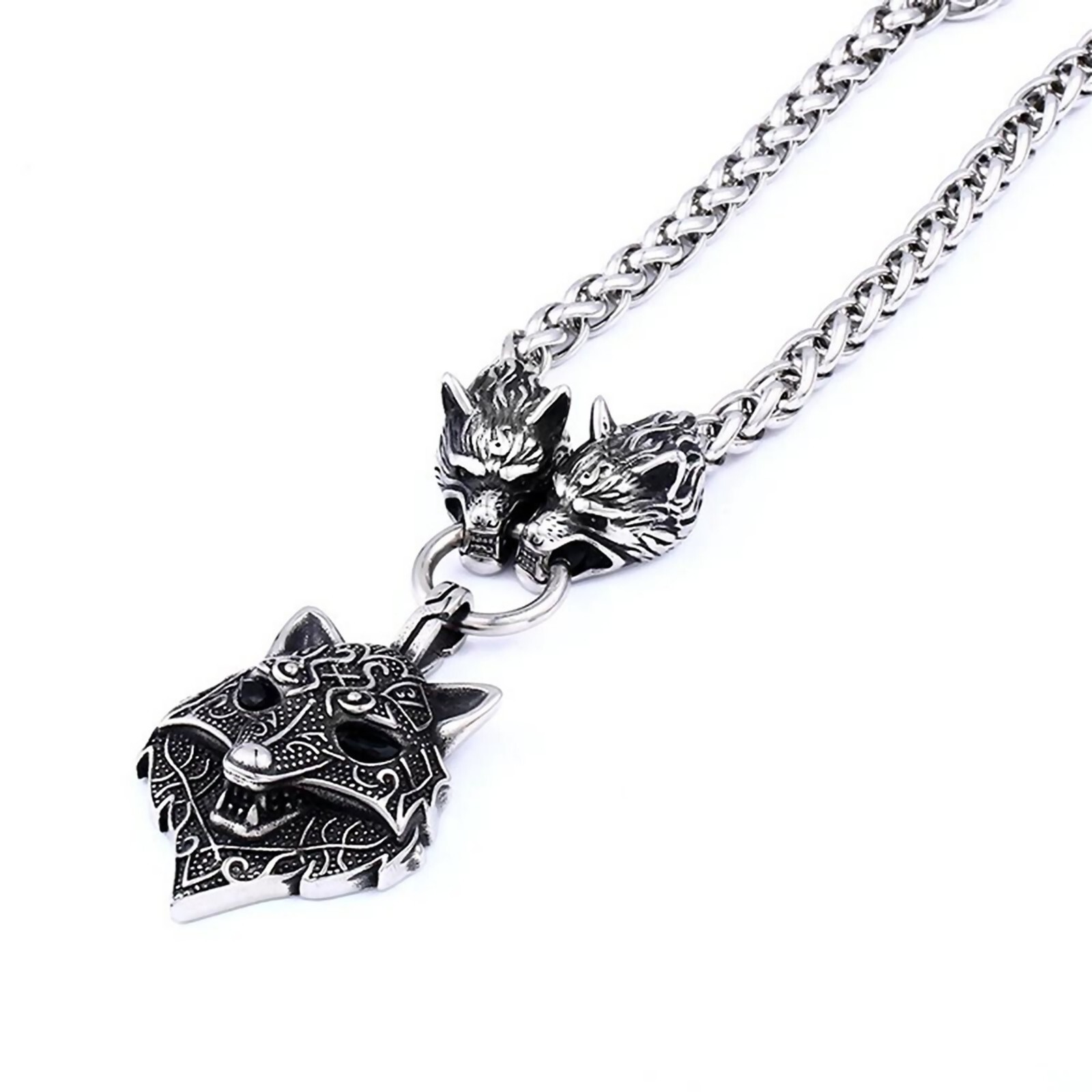 Large Viking Fenrir Wolf Necklace Stainless Steel Geri Freki Wolves Wheat Chain