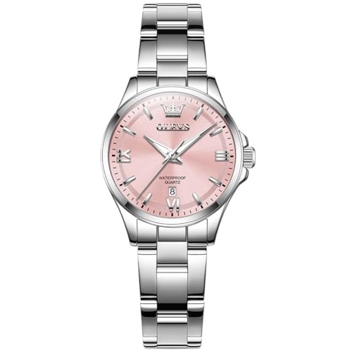 Stainless Steel Watches for Women, Luxury Silver Ladies Pink Face/Silver Band