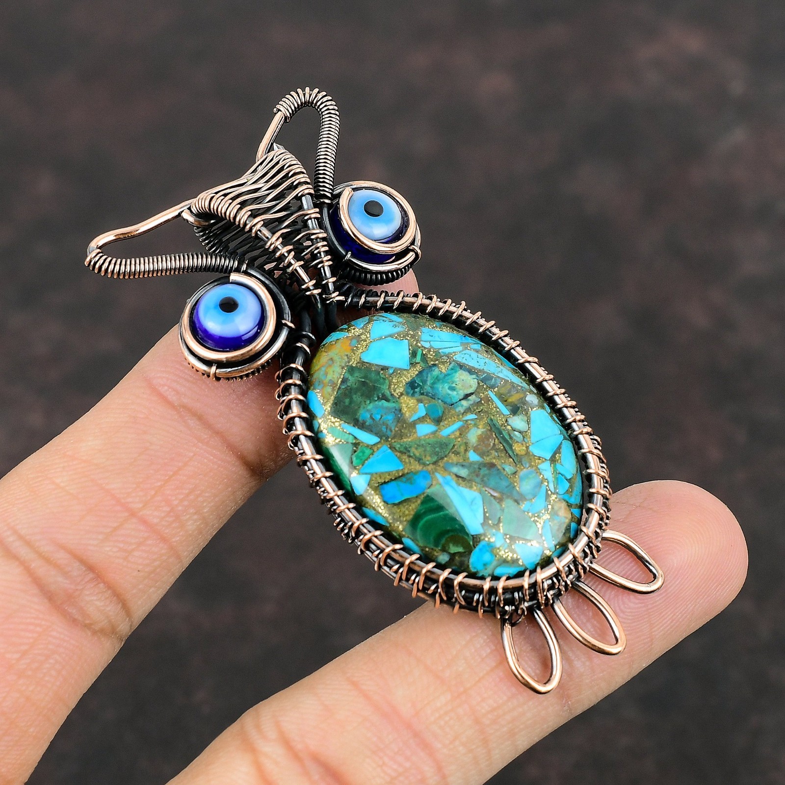 Copper Oval Natural Copper Blue Turquoise Wife Wire Wrapped Owl Pendant Jewelry