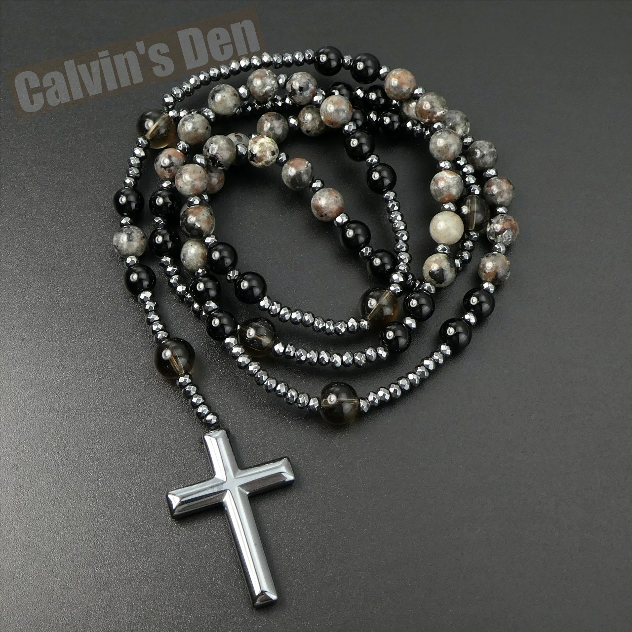 Yooperlite Black Onyx Smokey Quartz Bead Black Hematite Cross Rosary Necklace