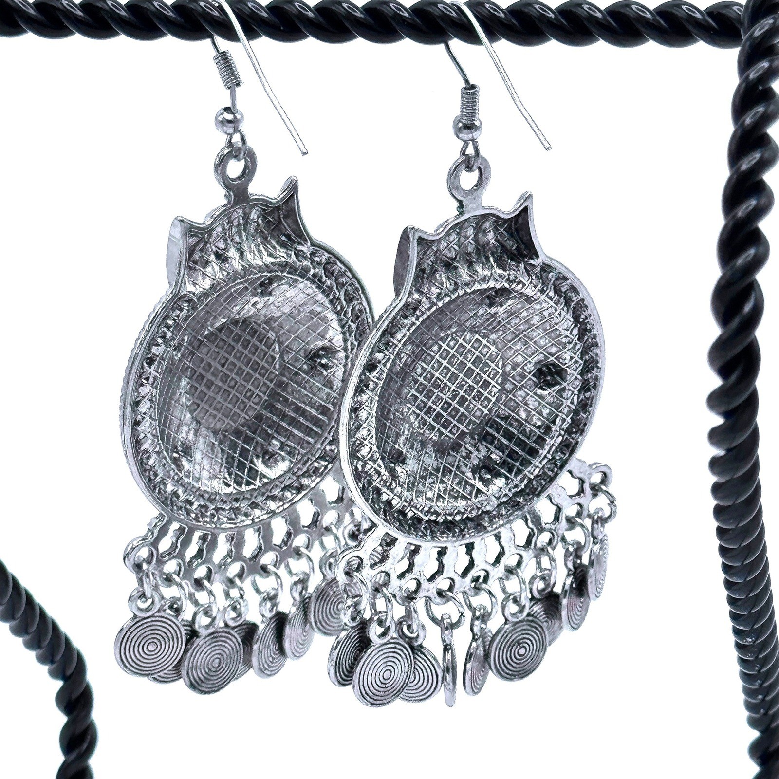 Silver Tone Black Stone Dangle Earrings Gypsy Boho Tribal Chandelier Southwest