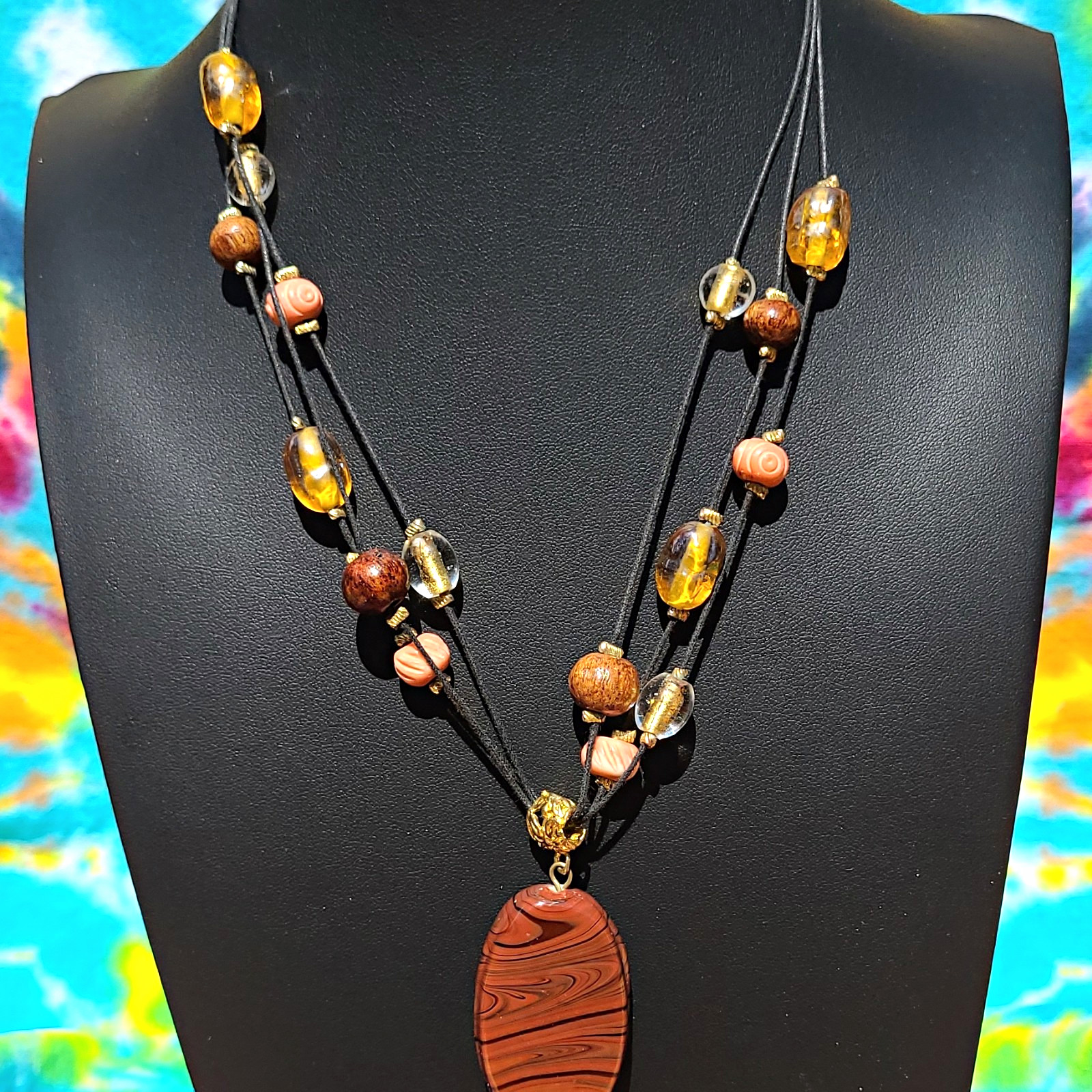 Chico Ceramics Multi-Strand Beaded Oval Pendant Necklace Brown Amber Glass.