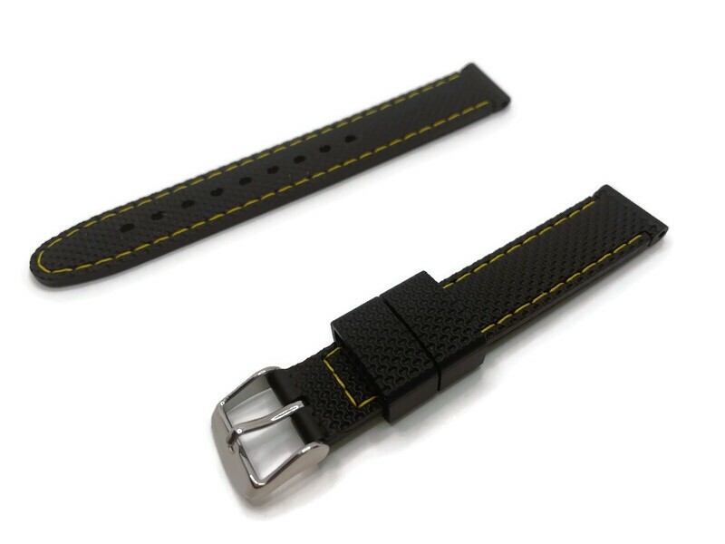 Rubber Watch Strap, Black Textured with Yellow Stitching, Sizes 16mm to 22mm