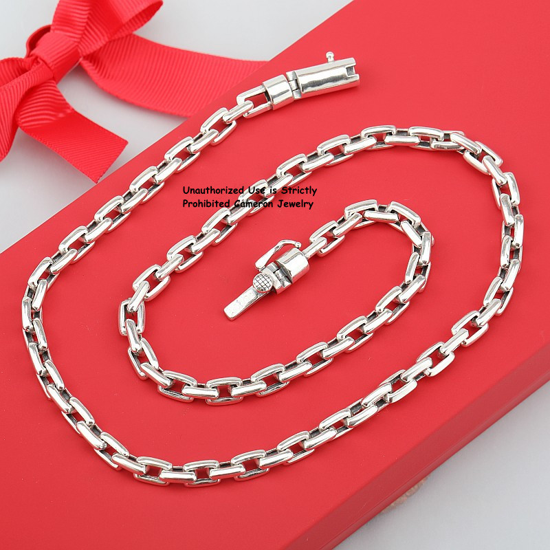 Solid S925 Sterling Silver Chain Men Women Square O Link Necklace