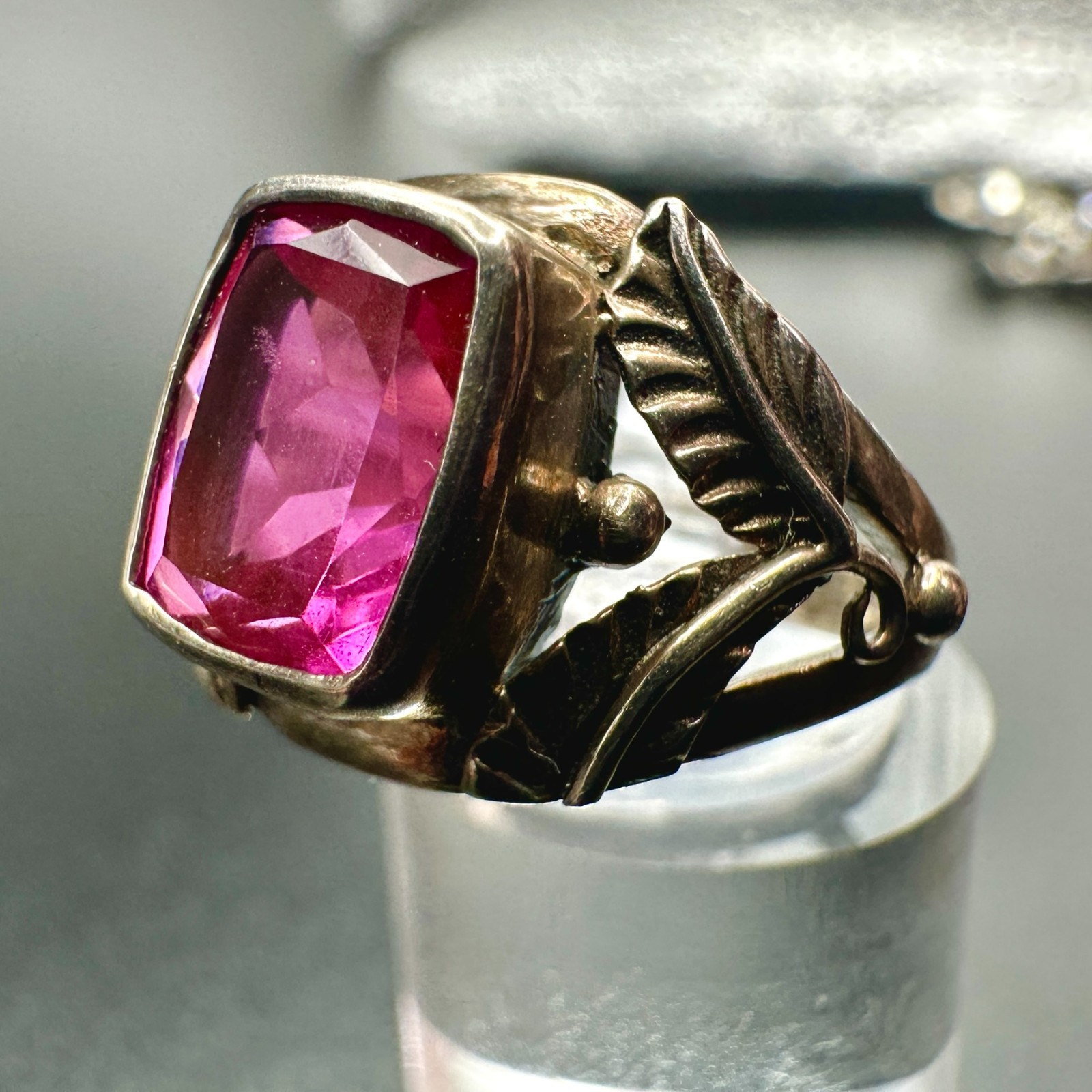 VTG 925 Sterling Silver Ring Flame Fusion Pink Ruby SZ 8 Floral GLOWS