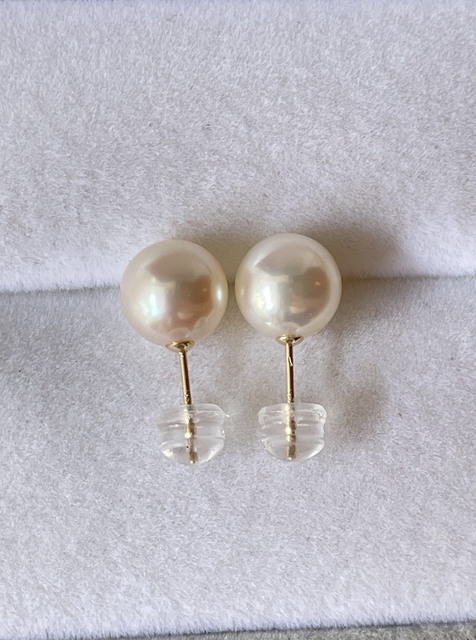 Japanese Akoya Pearl Stud Earrings 9mm Untreated Natural Color K14 Solid Gold