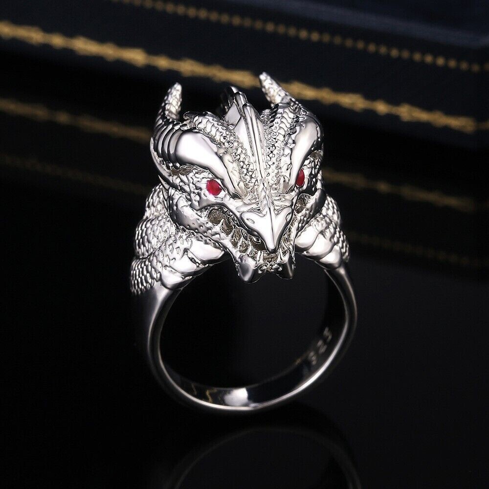 Authentic Vintage Valentine Rings 925 Silver Plated Red Eyes Dragon Head Rings